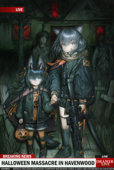 2girls 3boys absurdres animal_ears assault_rifle black_hair black_jacket black_shoes black_socks blood_on_cheek blue_eyes breaking_news brown_scarf camera_flash cat_ears cat_girl cat_tail commentary_request demon_horns demon_wings drawer_bushi_huajia expressionless food-themed_hair_ornament green_eyes grey_hair gun hair_ornament hair_ribbon halloween highres holding holding_pumpkin horns jacket long_hair looking_at_viewer medium_hair military multiple_boys multiple_girls news night orange_hair_ornament orange_shirt original pantyhose police police_uniform policeman pumpkin red_ribbon ribbon rifle scarf shirt shoes socks standing striped_clothes striped_pantyhose tail weapon wings wolf_ears wolf_girl wolf_tail