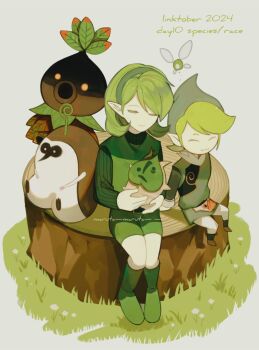 1boy 1girl 2024 blonde_hair boots closed_eyes deku_scrub fado_(wind_waker) fairy full_body glowing glowing_eyes grass green_hair grey_background hairband highres kikwi kokiri korok leaf makar maruta_maruta nintendo pointy_ears saria_(zelda) sitting smile sweater the_legend_of_zelda the_legend_of_zelda:_ocarina_of_time the_legend_of_zelda:_skyward_sword the_legend_of_zelda:_the_wind_waker tree_stump tunic turtleneck turtleneck_sweater