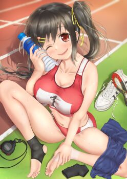 1girl barefoot bottle breasts brown_hair cleavage hair_ornament hairpin heart heart_hair_ornament kawosu_shikou large_breasts long_hair looking_at_viewer navel original red_eyes smile soles solo sports_bikini sports_bra sweat tan timer top_of_moe_2017 track_suit track_uniform twintails water_bottle