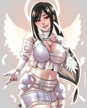 absurdres artist_name belt black_hair breasts chest_strap cleavage crop_top dangerousbride detached_sleeves falling_feathers feathered_wings feathers final_fantasy final_fantasy_vii final_fantasy_vii:_ever_crisis fingerless_gloves gloves grey_background halo hand_on_own_chest highres large_breasts long_hair loose_belt low-tied_long_hair midriff navel official_alternate_costume outstretched_hand parted_lips red_eyes smile tifa_lockhart tifa_lockhart_(feather_style) waist_cape white_gloves wings