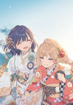 2girls ^_^ blue_eyes braid brown_hair closed_eyes comic_yuri_hime commentary_request cowboy_shot facing_another floral_print floral_print_kimono flower grin hair_ornament hand_up happy hechima_(issindotai) highres japanese_clothes kanzashi kimono long_hair medium_hair multiple_girls negative_space obi open_mouth original print_kimono purple_eyes red_flower red_kimono sash single_braid sky smile standing swept_bangs tassel tassel_hair_ornament textless_version white_kimono wide_sleeves