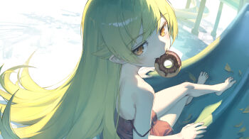 1girl arm_rest arms_at_sides autumn_leaves backlighting bare_arms bare_legs barefoot blonde_hair chocolate_donut commentary crossed_legs donut dress fang fingernails flipped_hair food food_in_mouth from_above from_behind from_side full_body grass hair_between_eyes hair_flaps highres jitome leaf long_hair looking_at_viewer monogatari_(series) mouth_hold observerz orange_eyes oshino_shinobu outstretched_legs playground pointy_ears red_dress ringed_eyes shade sidelocks sitting slide smile solo spaghetti_strap strap_slip sundress toenails very_long_hair