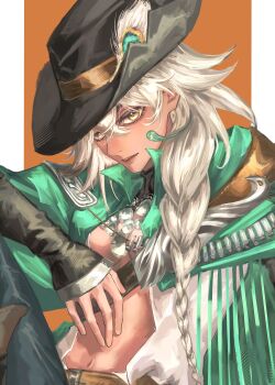 1girl absurdres argus_(reverse:1999) black_hat blonde_hair blue_pants breasts cape cowboy_hat denim green_cape grin hand_up hat hat_feather highres jeans leg_up long_braid looking_at_viewer open_clothes open_shirt orange_background pants peacock_feathers reverse:1999 scar scar_across_eye scar_on_face smile solo tiffany-blue upper_body yellow_eyes
