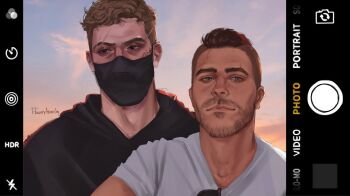 2boys alternate_costume artist_name black_eyes black_hair black_mask black_shirt blonde_hair blue_eyes brown_hair call_of_duty call_of_duty:_modern_warfare_2 casual closed_mouth commentary crossed_out curly_hair english_commentary eyewear_hang facial_hair fake_phone_screenshot fake_screenshot floweryanarchy ghost_(modern_warfare_2) grey_eyes highres hood hood_down lightning_bolt_symbol lips looking_at_viewer looking_to_the_side male_focus mask mouth_mask multicolored_sky multiple_boys nose nostrils outdoors portrait realistic scar scar_on_face selfie shirt short_hair short_sleeves side-by-side sky smile soap_(modern_warfare_2) sunglasses t-shirt unworn_eyewear very_short_hair viewfinder white_shirt