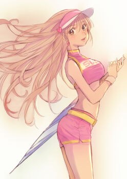 1girl blue_umbrella brown_eyes brown_hair character_request closed_umbrella cowboy_shot female_focus floating_hair from_side future_gpx_cyber_formula grey_background hair_between_eyes hair_ornament heart heart_hair_ornament holding holding_umbrella jj_(ssspulse) long_hair midriff open_mouth pink_shorts race_queen short_shorts shorts simple_background sketch solo standing sugou_asuka turtleneck umbrella very_long_hair visor_cap wristband