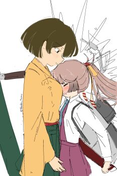 2girls absurdres aqua_necktie blue_eyes breast_smother brown_hair bumping collared_shirt commentary_request cowboy_shot dress dress_shirt face_to_breasts gradient_hair green_hakama hakama hakama_short_skirt hakama_skirt halter_dress halterneck highres hiryuu_(kancolle) japanese_clothes kantai_collection kazagumo_(kancolle) kimono long_hair looking_at_viewer machinery multicolored_hair multiple_girls necktie orange_kimono pleated_dress ponytail purple_dress ribbon shirt simple_background skirt smile translation_request tsuru_(thunder_tsuru) white_background white_shirt