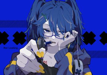 1girl absurdres ahoge barcode barcode_tattoo blue-framed_eyewear blue_background blue_eyes blue_hair blue_jacket commentary_request computer_mouse english_text food-themed_hair_ornament glasses hair_between_eyes hair_ornament hatsune_miku highres holding holding_pen jacket looking_at_viewer mouth_hold nekoma_hikaru open_mouth pen solo spring_onion_hair_ornament tattoo teeth_hold twintails upper_body usb vocaloid yellow_nails