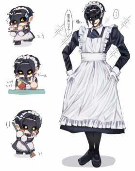Rule 34 | > <, ..., 1boy, alternate costume, apple, apron, black dress, black pantyhose, black shirt, blush stickers, chibi, comedic sweatdrop, commentary request, crossdressing, crossdressing (mtf), dire crowley, dress, embarrassed, enmaided, flying sweatdrops, food, fruit, full body, gloves, highres, maid, maid apron, maid headdress, male focus, male maid, mask, open mouth, pantyhose, peeling, pointy ears, shirt, short hair, sparkle, spoken ellipsis, sweeping, translation request, twisted wonderland, white background, white gloves, yano (zri 088), yellow eyes
