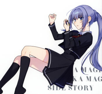 Rule 34 | 1girl, absurdres, black dress, black jacket, black socks, blue eyes, daito academy school uniform, dress, fuji fujino, grey hair, hair bun, highres, jacket, layered sleeves, long hair, long sleeves, looking at viewer, magia record: mahou shoujo madoka magica gaiden, mahou shoujo madoka magica, necktie, non-web source, official art, open mouth, ponytail, red necktie, scan, school uniform, self-scan, short over long sleeves, short sleeves, socks, soul gem, white background, yakumo mitama