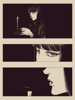 1girl black_background black_dress black_hair black_outline blowing_candle blunt_bangs candlestand dress greyscale highres hime_cut holding_candlestand long_hair looking_at_viewer monochrome original outline tp_p_pt