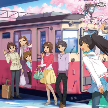 Rule 34 | 6+girls, akizuki ritsuko, album cover, amami haruka, annindoufu (oicon), antenna hair, arm up, bag, black hair, black shoes, bow, brown eyes, brown hair, brown shoes, camouflage, camouflage pants, cherry blossoms, closed mouth, copyright notice, cover, day, ganaha hibiki, glasses, grey scarf, hagiwara yukiho, hair bow, hand in pocket, hand up, holding, holding bag, hood, hood down, hooded jacket, idolmaster, idolmaster (classic), jacket, jewelry, kikuchi makoto, long hair, long sleeves, minase iori, miniskirt, multiple girls, multiple hair bows, necklace, official art, open mouth, outdoors, pants, pink sweater vest, pinstripe pants, pinstripe pattern, pleated skirt, ponytail, purple shirt, rolling suitcase, scarf, shirt, shoes, short hair, skirt, smile, standing, suitcase, sweater vest, third-party source, train, waving, white jacket, yellow skirt