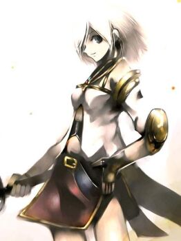 1girl ashelia_b&#039;nargin_dalmasca belt belt_buckle blue_belt blue_eyes breasts buckle commentary_request cowboy_shot detached_sleeves final_fantasy final_fantasy_xii hand_on_own_hip holding kei_(keigarou) legs_apart medium_breasts miniskirt red_skirt shirt short_hair side_slit skirt smile solo standing white_hair white_shirt white_sleeves