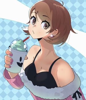 1girl absurdres bare_shoulders black_bra bra breasts brown_eyes brown_hair cleavage closed_mouth commentary cup disposable_cup drink drinking_straw earrings english_commentary eyelashes flipped_hair food_on_body food_on_breasts fur-trimmed_sweater fur_trim gjh glint highres holding holding_cup jack_frost_(megami_tensei) jewelry long_sleeves looking_at_viewer medium_breasts nail_polish off-shoulder_sweater off_shoulder official_alternate_costume pearl_earrings persona persona_3 persona_3_reload pink_nails pink_sweater ribbed_sweater short_hair solo sweater swept_bangs takeba_yukari underwear upper_body