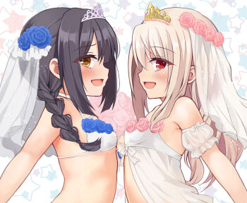 2girls babydoll bare_shoulders black_hair blush bra braid braided_ponytail breasts bridal_veil brown_eyes choker fate/kaleid_liner_prisma_illya fate_(series) flower hair_flower hair_ornament highres illyasviel_von_einzbern loli long_hair looking_at_viewer miyu_edelfelt mochi_(k620803n) multiple_girls open_mouth red_eyes revision sidelocks small_breasts smile tiara underwear veil white_babydoll white_bra white_hair