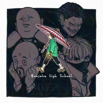 5boys bald black_hair black_jacket black_mask black_pants brown_hair commentary_request dandadan earrings facial_hair fake_beard fake_eyebrows fake_facial_hair full_body fur-trimmed_jacket fur_trim geta goatee green_jacket grin hair_slicked_back hand_in_pocket hands_on_own_cheeks hands_on_own_face holding holding_umbrella jacket jewelry k_ysd001 kazama_raiya male_focus mask mita_minehisa mouth_mask multiple_boys no_eyebrows oil-paper_umbrella ookuma_ranzan pants pants_rolled_up plump sandals shirt short_hair smile teeth toriumi_ouga umbrella upper_body veiny_face very_short_hair walking white_background white_shirt wide-eyed zuma_unji