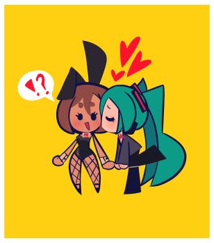 !? 2girls aqua_hair black_leotard black_pants border bow bowtie brown_hair chibi chibi_only closed_eyes fake_rabbit_ears fishnets formal_clothes grey_suit happy hatsune_miku headphones heart leg_up leotard long_hair meiko_(vocaloid) multiple_girls open_mouth pants playboy_bunny rabbit_ears rainelyn00 red_bow red_bowtie short_hair simple_background smile solid_oval_eyes speech_bubble strapless strapless_leotard suit thick_eyebrows triangle_mouth twintails very_long_hair vocaloid white_border yellow_background yuri