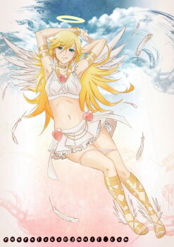 angel arm_behind_head blonde_hair blue_eyes bracelet choker collar earrings feathers highres jewelry lingerie lip_licking long_hair looking_at_viewer midriff panties panty_&amp;_stocking_with_garterbelt panty_(psg) raurulobo solo underwear white_wings wings