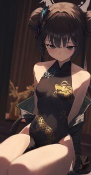 1girl absurdres black_dress black_hair blue_archive breasts butterfly_hair_ornament china_dress chinese_clothes chinese_commentary commentary_request double_bun dragon_print dress grey_eyes grey_halo hair_bun hair_ornament halo highres indoors jacket kisaki_(blue_archive) long_hair looking_at_viewer pelvic_curtain pinstripe_jacket pinstripe_pattern print_dress re_naya sitting sleeveless sleeveless_dress small_breasts solo striped_clothes striped_jacket twintails vertical-striped_clothes vertical-striped_jacket