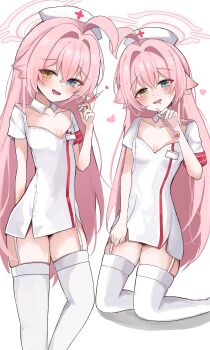 1girl absurdres ahoge alternate_costume blue_archive blue_eyes blush breasts chii_(k_ung) collarbone commentary_request detached_collar dress drooling feet_out_of_frame garter_straps hair_between_eyes halo hat heart heterochromia highres holding holding_syringe hoshino_(blue_archive) id_card kneeling long_hair looking_at_viewer multiple_views nurse nurse_cap open_mouth pink_hair pink_halo short_sleeves simple_background small_breasts smile syringe thighhighs white_background white_dress white_hat white_thighhighs yellow_eyes