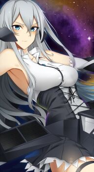 1girl armpits attack_aircraft bare_shoulders black_skirt blue_eyes blush breasts closed_mouth collared_shirt cowboy_shot doko_tetora elbow_gloves f-117_nighthawk gloves grey_hair hair_between_eyes high-waist_skirt highres large_breasts long_hair looking_at_viewer original personification shirt skirt sleeveless sleeveless_shirt solo space stealth stealth_aircraft stealth_attack_aircraft white_shirt wing_collar