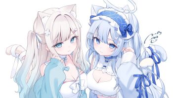 2girls animal_ears aqua_jacket blue_bow blue_eyes blue_hair blue_jacket blue_ribbon bow breasts cat_ears cat_girl cat_tail cleavage cleavage_cutout clothing_cutout commentary crop_top gradient_hair grey_hair hair_ornament hairclip halo headdress highres jacket large_breasts long_sleeves looking_at_viewer multicolored_hair multiple_girls off_shoulder original ribbon shirt simple_background sleeveless sleeveless_shirt symbol-only_commentary tail terano_naa upper_body white_background white_shirt x_hair_ornament