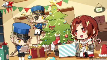 1boy 2girls :d absurdres armband baton_(weapon) black_armband black_shoes black_shorts blonde_hair blue_shirt box braid bright_pupils candy candy_cane caroline_(persona_5) chibi chinese_commentary christmas christmas_ornaments christmas_present christmas_stocking christmas_tree closed_mouth collared_shirt commentary_request copyright_logo copyright_notice double_bun expandable_baton eyepatch eyes_visible_through_hair food frown full_body gift gift_box grey_pants hair_bun hat highres holding holding_baton_(weapon) holding_candy holding_candy_cane holding_food indoors jacket justine_(persona_5) kamishiro_nagisa knee_up kneehighs kokatsu_academy_school_uniform logo long_braid long_hair long_sleeves multiple_girls night official_art open_mouth pants parted_bangs pennant persona persona_5 persona_5:_the_phantom_x plaid_clothes plaid_pants red_eyes red_hair ringed_eyes santa_hat school_uniform shirt shoes short_hair shorts siblings single_braid sitting smile smirk socks stuffed_animal stuffed_toy teddy_bear twins unworn_hat unworn_headwear weapon white_pupils white_socks window wing_collar yellow_eyes yellow_jacket