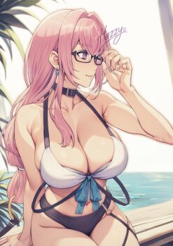 1girl absurdres bare_shoulders bikini breasts cleavage collarbone earrings female_focus glasses hazzyiii1108 highres jewelry large_breasts long_hair matching_hair/eyes multi-strapped_bikini_bottom pink_eyes pink_hair sitting solo swimsuit tsukishiro_yanagi zenless_zone_zero