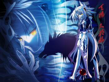 Rule 34 | 1girl, cotetsu (pixiv227168), dai (series), daibanchou, detached sleeves, feathers, glowing, glowing eyes, hair bobbles, hair ornament, looking back, orb, serious, silhouette, tail, tattoo, tenrou kunagi, translation request, white hair, wolf, wolf tail, yamanaka kotetsu, yellow eyes