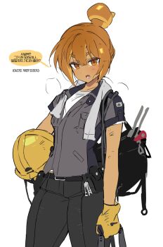 Rule 34 | 1girl, :o, alternate costume, arm at side, bag, bare arms, belt, black bag, black belt, black pants, breasts, brown hair, collared shirt, cookie run, cookie run: ovenbreak, cowboy shot, croissant cookie, dark-skinned female, dark skin, double-parted bangs, food-themed hair, gloves, grey shirt, hair between eyes, hair bun, heavy breathing, helmet, highres, holding, holding unworn helmet, humanization, korean text, looking at viewer, lower teeth only, ohta guk hip, open mouth, pants, pocket, rubber gloves, shirt, short hair, short sleeves, shoulder bag, simple background, single hair bun, small breasts, solo, speech bubble, standing, sweat, teeth, thick thighs, thighs, tongue, towel, towel around neck, translation request, tsurime, unworn headwear, unworn helmet, white background, white shirt, yellow gloves, yellow helmet