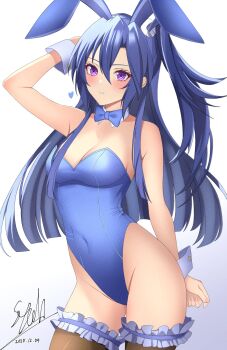 1girl animal_ears blue_hair blue_leotard blush bow bowtie breasts brown_thighhighs cleavage detached_collar fake_animal_ears frilled_thigh_strap high_side_ponytail highres kazanari_tsubasa leotard long_hair oilen0731 purple_eyes rabbit_ears senki_zesshou_symphogear signature thigh_strap thighhighs wrist_cuffs