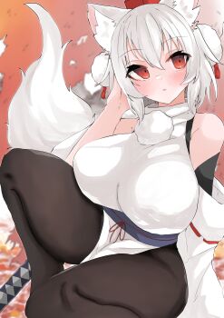 1girl absurdres animal_ears breasts dress hat highres huge_breasts inubashiri_momiji pom_pom_(clothes) red_eyes regua solo tail thick_thighs thighs tokin_hat touhou white_dress white_hair wolf_ears wolf_girl wolf_tail