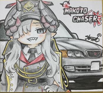 1girl absurdres belt black_belt black_car black_coat black_eyes black_gloves black_hat black_necktie blue_archive buttons car coat collared_shirt commentary_request demon_girl demon_horns double-breasted gloves grey_hair grin hair_over_one_eye halo hat highres horns long_hair looking_at_viewer makoto_(blue_archive) motor_vehicle multiple_horns necktie open_clothes open_coat parted_lips red_halo red_horns sharp_teeth shikishi shirt smile solo teeth tomimon toyota toyota_chaser traditional_media white_shirt