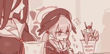 Rule 34 | 2girls, anonymous (japanese), beret, black hair, black headwear, black serafuku, black shirt, blue archive, blush, breasts, eating, food, halo, hasumi (blue archive), hat, holding, holding spoon, imageboard colors, koharu (blue archive), large breasts, lowres, maibotsumou, monochrome, multiple girls, necktie, off shoulder, parfait, red necktie, red theme, sailor collar, sailor shirt, school uniform, serafuku, shirt, single bare shoulder, spoon, third-party source, twintails, white sailor collar, winged halo