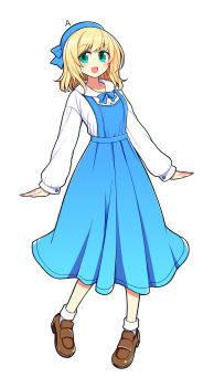 1girl blonde_hair blue_bow blue_bowtie blue_dress blue_hat bow bowtie brown_shoes commentary dress green_eyes hat highres kanemitsu411 loafers long_sleeves looking_at_viewer medium_hair open_mouth original overall_skirt shirt shoes simple_background solo standing white_background white_shirt