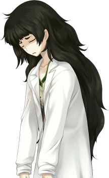 1girl blunt_bangs brown_jacket closed_eyes collar collarbone flat_chest game_cg green_collar green_hair green_trim hiyajou_maho huke jacket jacket_over_dress lab_coat large_variant_set long_hair messy_hair non-web_source official_art open_mouth partially_shaded_face sad science_adventure slouching smile solo sprite steins;gate steins;gate_0 tearing_up transparent_background variant_set very_long_hair wavy_mouth