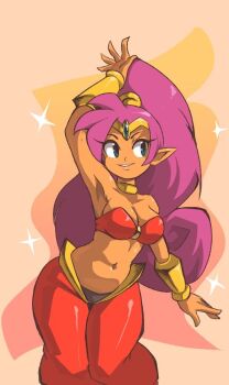 1girl aqua_eyes arm_up armpits breasts cleavage curvy dark-skinned_female dark_skin highres large_breasts legs long_hair looking_at_viewer midriff navel o-ring pants parted_lips pointy_ears ponytail purple_hair shantae shantae_(series) smile solo teeth thick_thighs thighs very_long_hair wide_hips