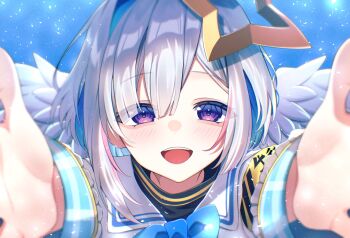 1girl :d amane_kanata amane_kanata_(1st_costume) angel_wings armband blue_bow blue_bowtie blue_hair bob_cut bow bowtie close-up colored_inner_hair commentary_request feathered_wings grey_hair grey_jacket halo highres hololive jacket long_sleeves looking_at_viewer mini_wings multicolored_hair nametakeko open_mouth outstretched_arms pink_streaks purple_eyes reaching reaching_towards_viewer sailor_collar short_hair single_hair_intake sleeve_cuffs smile solo star_halo streaked_hair teeth tilted_halo turtleneck upper_teeth_only virtual_graduation_commemoration virtual_youtuber white_sailor_collar white_wings wings