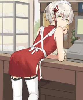 1boy apron armpit_crease bare_shoulders bent_over_furniture cash_register chinese_knot closed_mouth commentary_request cowboy_shot crossdressing crossdressing_(mtf) dishes dress from_behind green_eyes hair_between_eyes hand_on_own_arm hand_on_own_chin highres indoors looking_at_viewer looking_back male_focus original partial_commentary red_dress short_hair sketch_background solo standing sunaba_(nczd5875) table thighhighs trap white-haired_boy_(sunaba_(nczd5875)) white_apron white_hair white_headdress white_thighhighs