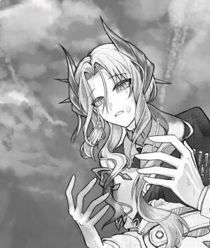 1girl cloud cloudy_sky from_below greyscale hair_ornament hands_up highres jacket long_hair looking_at_hands low_ponytail monochrome open_mouth pipi_duan ponytail reverse:1999 sentinel_(reverse:1999) side_cape sky solo sweat tearing_up upper_body