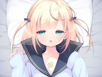 1girl bat_hair_ornament black_sailor_collar blonde_hair blue_sweater collarbone game_cg green_eyes hair_ornament half-closed_eyes hands_up large_variant_set long_sleeves looking_at_viewer lying mainichi_kiss_shite_lolita mihato_(mainichi_kiss_shite_lolita) non-web_source on_back on_bed open_mouth pillow piyodera_mucha portrait sailor_collar school_uniform serafuku short_hair sleeves_past_wrists solo sweater two_side_up variant_set