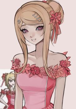 Rule 34 | 1girl, akamatsu kaede, bare shoulders, blonde hair, breasts, collarbone, danganronpa (series), danganronpa 10th anniversary costume, danganronpa v3: killing harmony, flower, fortissimo, grey background, grin, hair bun, hair flower, hair ornament, highres, kaede akamatsu (thatkira), large breasts, long hair, musical note, musical note hair ornament, official alternate costume, pink eyes, pink flower, short sleeves, simple background, single hair bun, smile, teeth, upper body