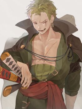 1boy black_coat coat coat_on_shoulders collarbone commentary earrings gold_earrings green_hair green_shirt haramaki highres jewelry looking_at_viewer male_focus multiple_swords one_eye_closed one_piece open_mouth pectorals red_sash roronoa_zoro sash scar scar_across_eye scar_on_chest scar_on_face sheath sheathed shirt short_hair solo u_mi031 upper_body