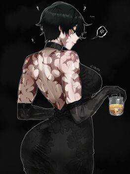 ... 1girl ? absurdres alcohol anger_vein artist_name ass backless_dress backless_outfit black_background black_choker black_gloves black_hair breasts burn_scar choker commentary cup dress drinking_glass earrings elbow_gloves english_commentary floral_print floral_print_dress from_behind gloves gy_beth highres holding holding_cup ice ice_cube jewelry jujutsu_kaisen large_breasts looking_at_viewer looking_back muscular muscular_female print_dress scar scar_across_eye scar_on_face short_hair solo spoken_anger_vein spoken_question_mark yellow_eyes zen'in_maki