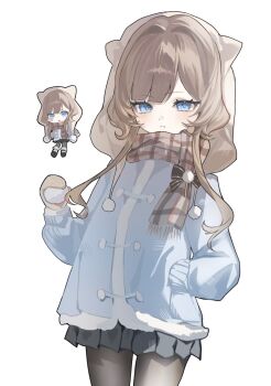 1girl blue_eyes bow brown_bow brown_hair brown_scarf chibi genshin_impact gloves grey_skirt highres looking_at_viewer pantyhose plaid_clothes plaid_scarf pom_pom_(clothes) sandrone_(genshin_impact) scarf sellfishu skirt white_background winter_clothes