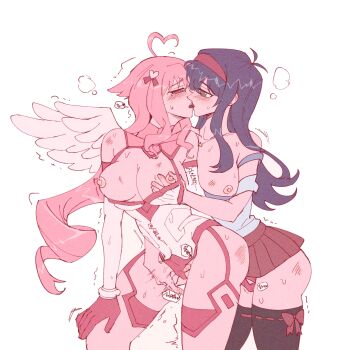 2girls absurdres ahoge antenna_hair black_hair black_thighhighs bodysuit breasts breasts_out commission commissioner_upload curtained_hair feathered_wings fingering fingering_from_behind forced gun hairband highres kiss lilim_(sakura_cupid) medium_breasts mitsuki_(sakura_cupid) multiple_girls non-web_source off_shoulder pink_eyes pink_hair plaid_clothes plaid_skirt red_hairband sakura_cupid skirt tears thighhighs trembling weapon wings yuri