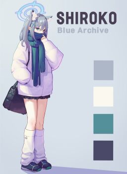1girl absurdres alternate_costume animal_ear_fluff animal_ears bag black_bag black_shoes black_skirt blue_archive blue_eyes blue_halo blue_scarf commentary cross_hair_ornament earrings extra_ears hair_ornament halo hand_in_pocket highres jacket jewelry leg_warmers long_hair looking_at_viewer miniskirt pleated_skirt scarf scarf_over_mouth shiroko_(blue_archive) shoes shoulder_bag skirt solo stud_earrings suumon white_jacket white_leg_warmers wolf_ears wolf_girl