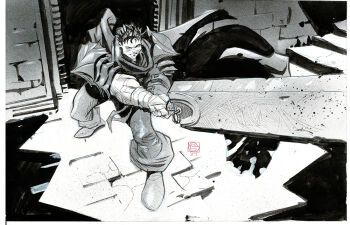 Rule 34 | 1boy, bandaged wrist, bandages, berserk, black hair, brick wall, cape, closed mouth, determined, dragonslayer (sword), guts (berserk), holding, holding sword, holding weapon, huge weapon, indoors, male focus, one-eyed, prosthesis, prosthetic arm, short hair, shoulder pads, solo, stephen green, sword, weapon