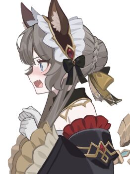 1girl animal_ear_fluff animal_ears black_bow black_collar black_sleeves blue_eyes blush bow braid brown_hair bun_with_braided_base cat_ears collar detached_collar detached_sleeves fang frilled_sleeves frills from_side genshin_impact gloves hair_bow hashtag-only_commentary headdress highres long_sleeves open_mouth sandrone_(genshin_impact) shigemitsu_jun simple_background skin_fang solo upper_body white_background white_gloves winding_key