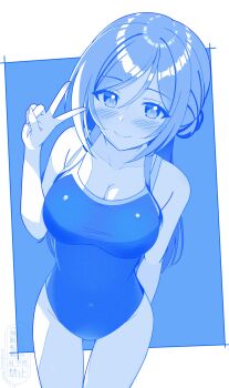 1girl blue_theme blush breasts cleavage commentary_request competition_swimsuit from_above gakuen_idolmaster hair_between_eyes half_updo highres himesaki_rinami idolmaster koshimizu_you long_hair looking_at_viewer loose_hair_strand medium_breasts monochrome nose_blush one-piece_swimsuit smile solo standing swimsuit v