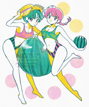 2girls bare_arms bare_legs barefoot bikini braid breasts cleavage con_sonne food food_print fruit fruit_print full_body green_hair hand_on_headwear hat highres holding holding_food holding_fruit long_hair looking_at_viewer medium_breasts midriff multiple_girls navel parted_bangs pink_eyes pink_hair print_bikini ranma-chan ranma_1/2 short_hair single_braid smile straw_hat swimsuit tendou_akane twitter_username watermelon watermelon_print
